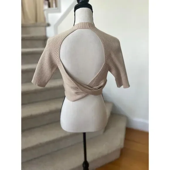 Naadam Tan Beige Ribbed Backless Twist High Neck Crop Top - Picture 4 of 7
